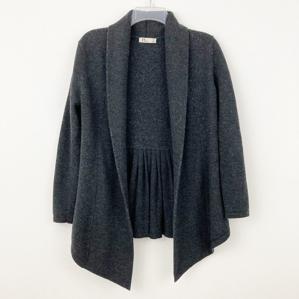 Neve 100% Wool Open Front Cardigan Size M Charcoal Grey Shawl Collar Pleated